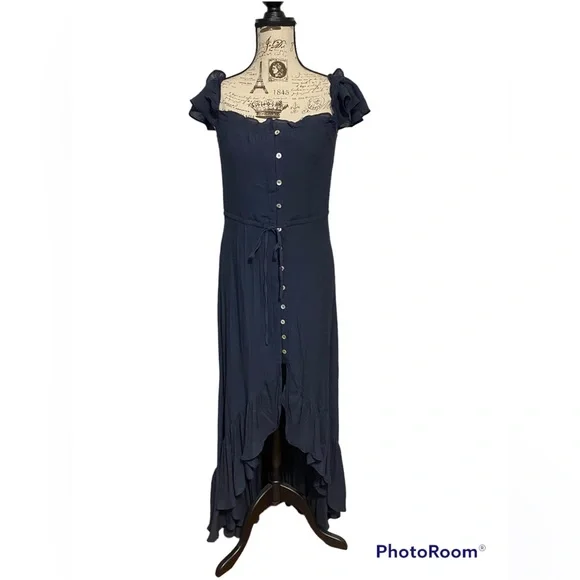 Magnolia Boutique Off The Shoulder Button Down High Low Maxi Dress, Navy, Small - Picture 2 of 9
